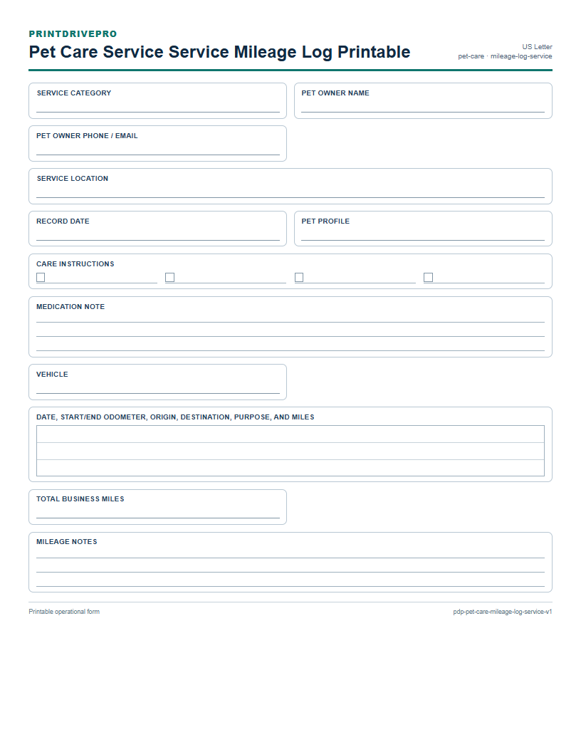 Pet Care Service Service Mileage Log Printable preview