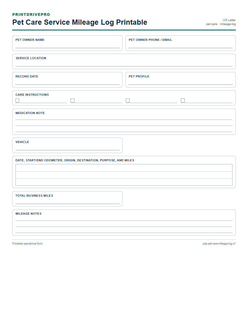 Pet Care Service Mileage Log Printable preview