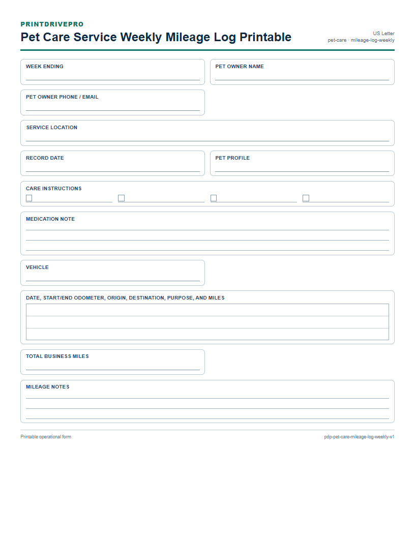 Pet Care Service Weekly Mileage Log Printable preview