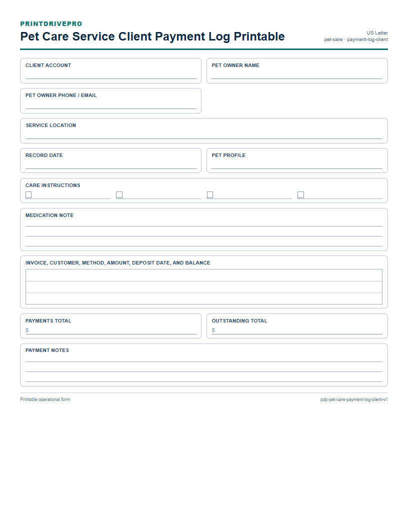 Pet Care Service Client Payment Log Printable preview