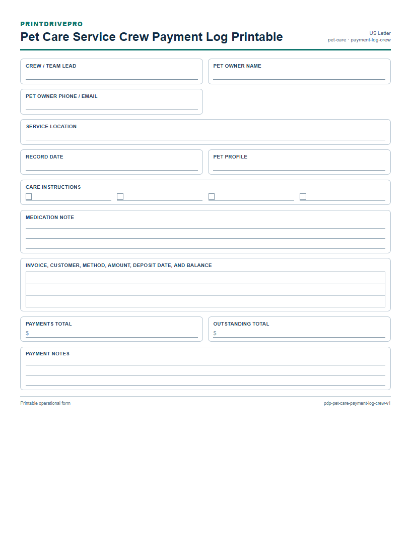 Pet Care Service Crew Payment Log Printable preview