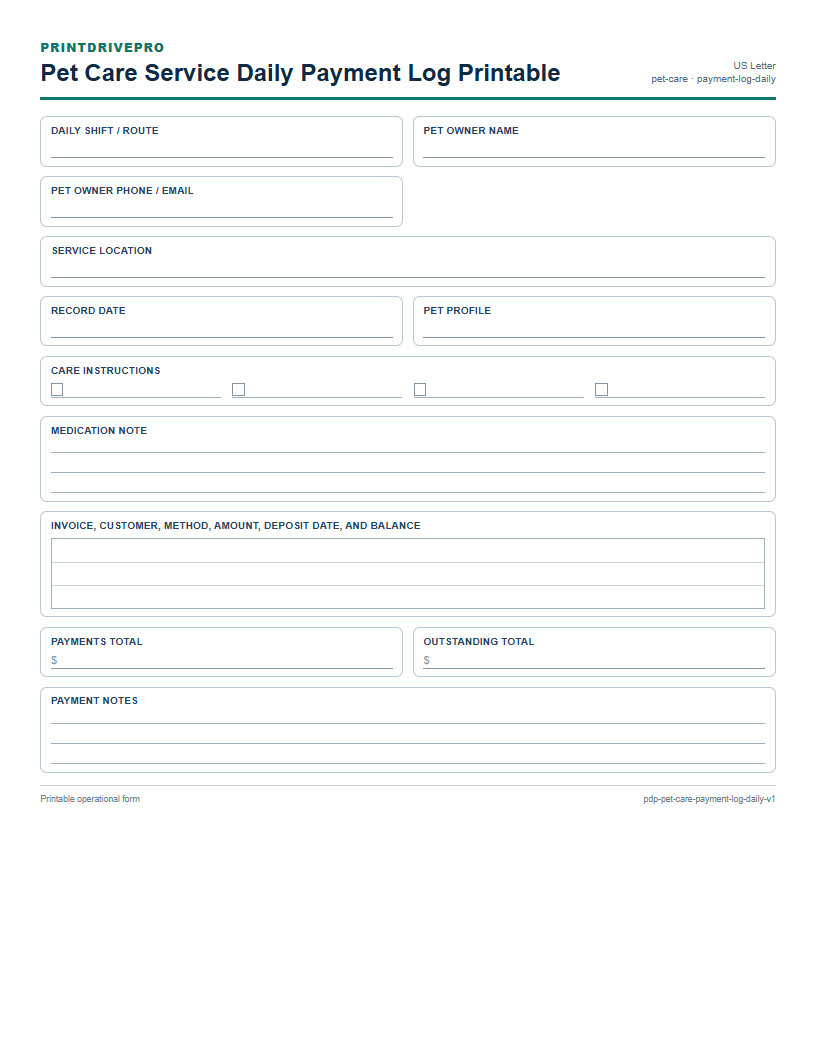 Pet Care Service Daily Payment Log Printable preview