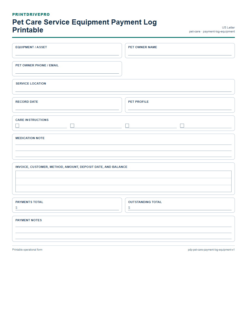 Pet Care Service Equipment Payment Log Printable preview