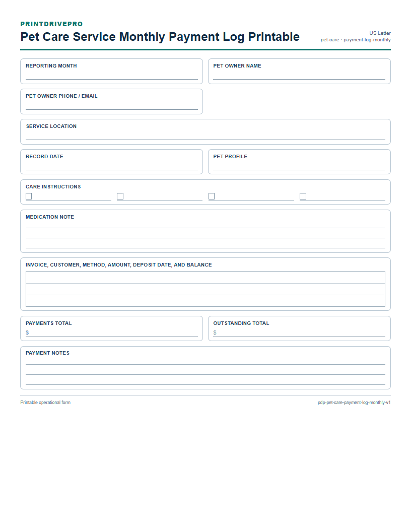 Pet Care Service Monthly Payment Log Printable preview