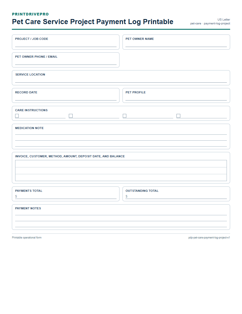 Pet Care Service Project Payment Log Printable preview