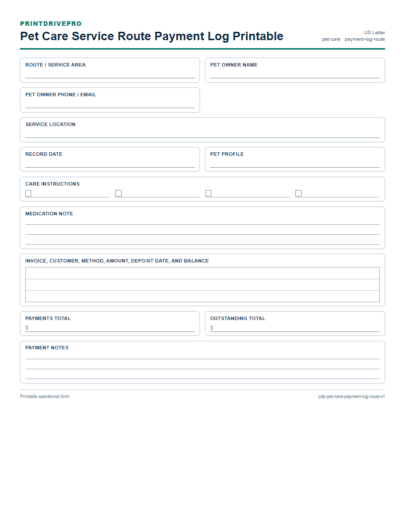 Pet Care Service Route Payment Log Printable preview