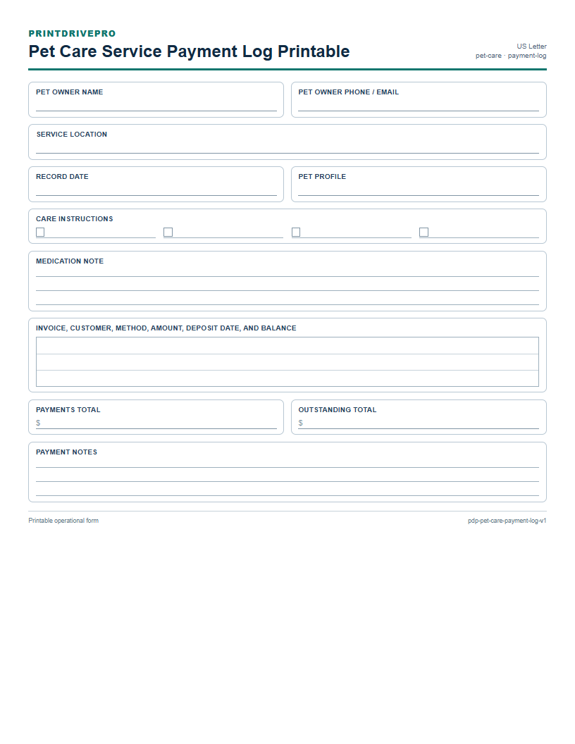 Pet Care Service Payment Log Printable preview