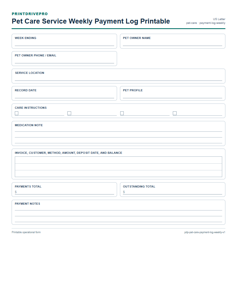 Pet Care Service Weekly Payment Log Printable preview
