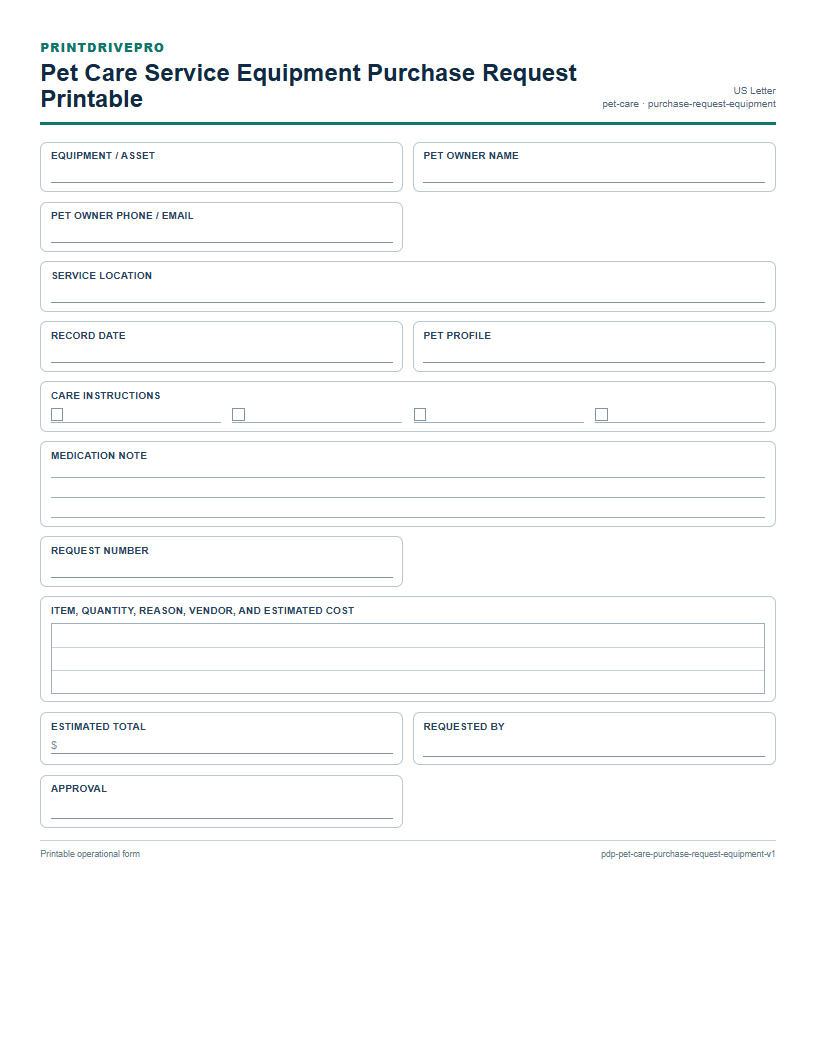 Pet Care Service Equipment Purchase Request Printable preview