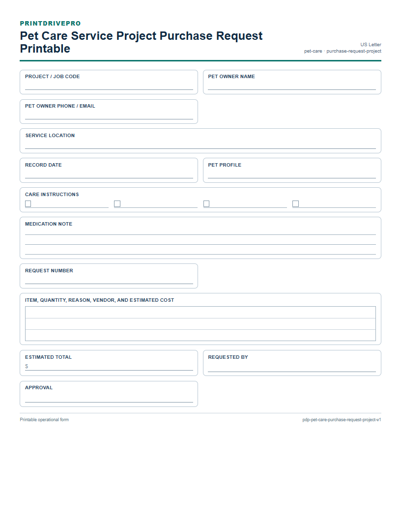 Pet Care Service Project Purchase Request Printable preview