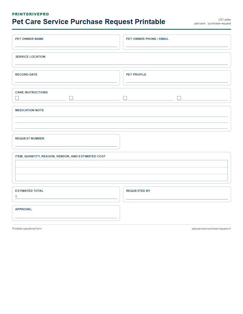 Pet Care Service Purchase Request Printable preview