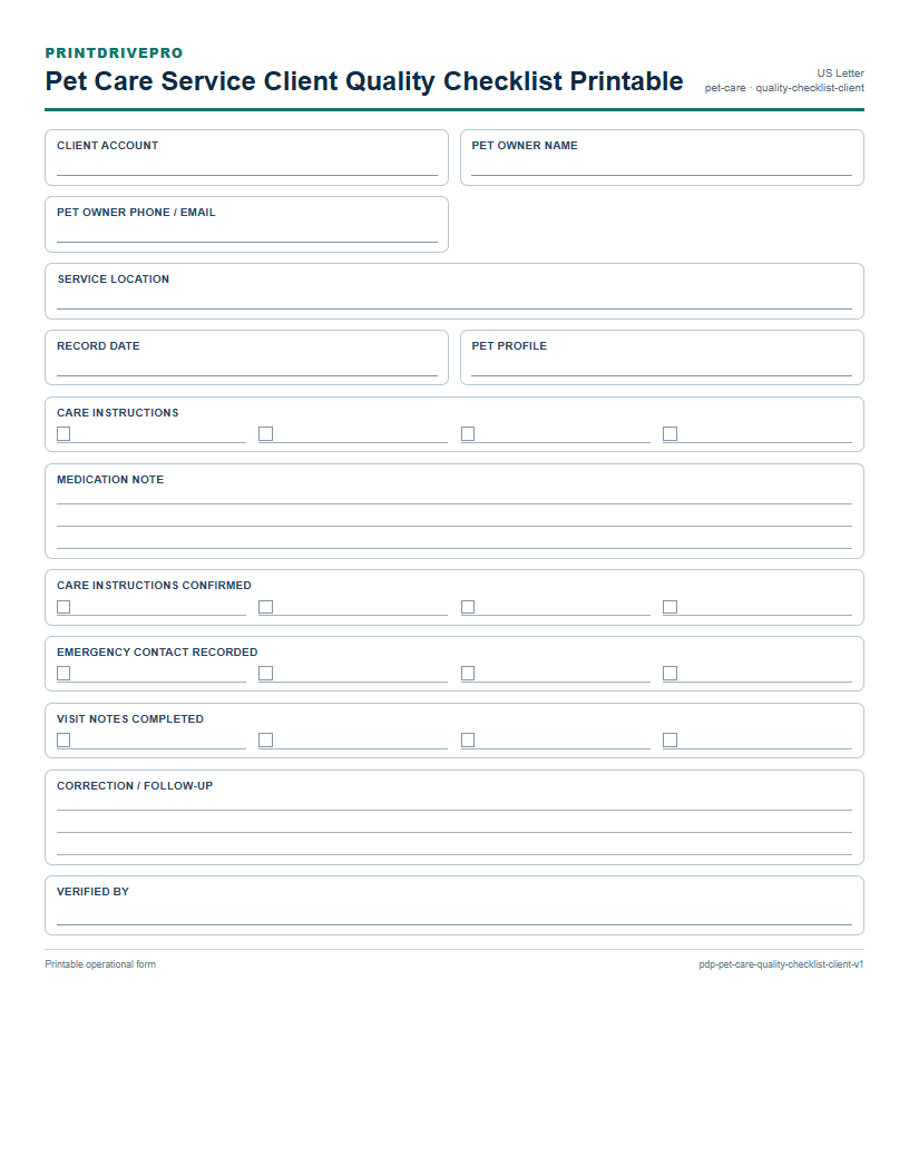 Pet Care Service Client Quality Checklist Printable preview