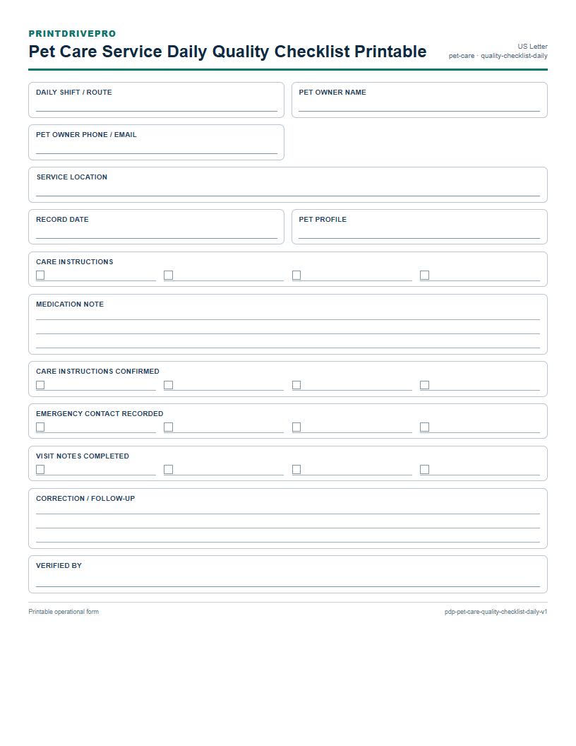 Pet Care Service Daily Quality Checklist Printable preview