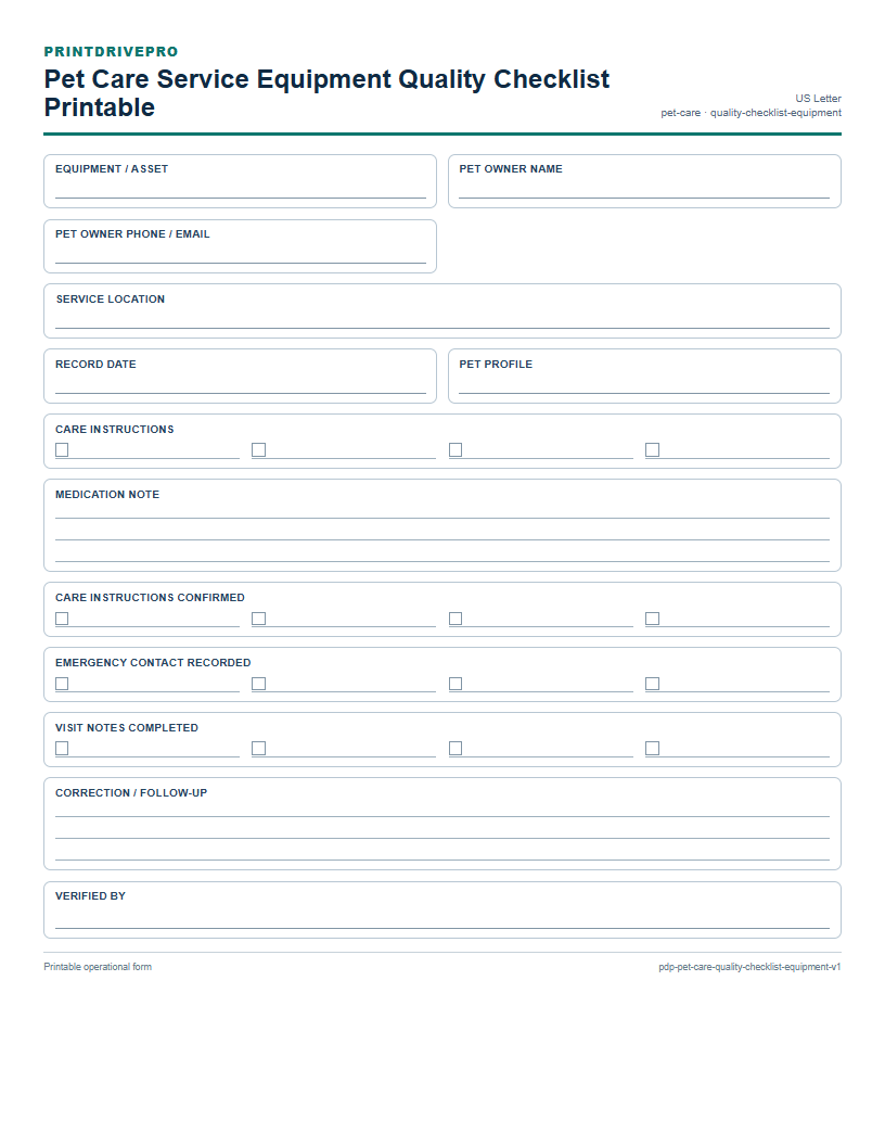 Pet Care Service Equipment Quality Checklist Printable preview