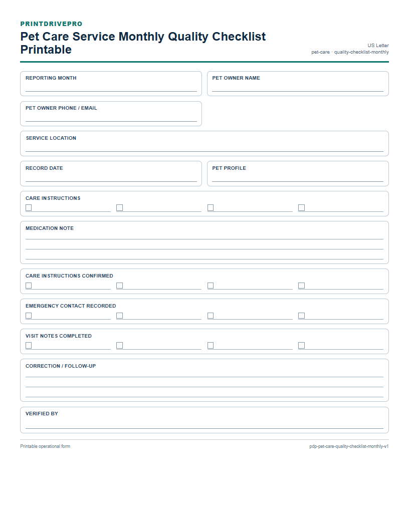 Pet Care Service Monthly Quality Checklist Printable preview