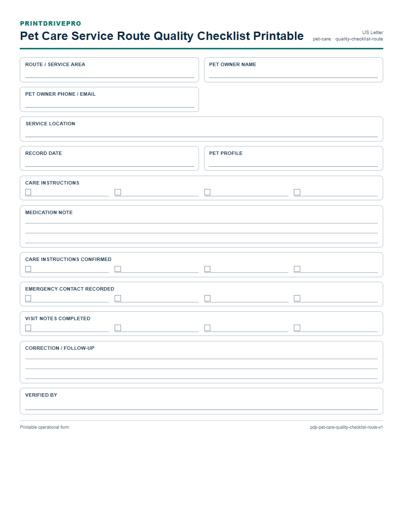 Pet Care Service Route Quality Checklist Printable preview