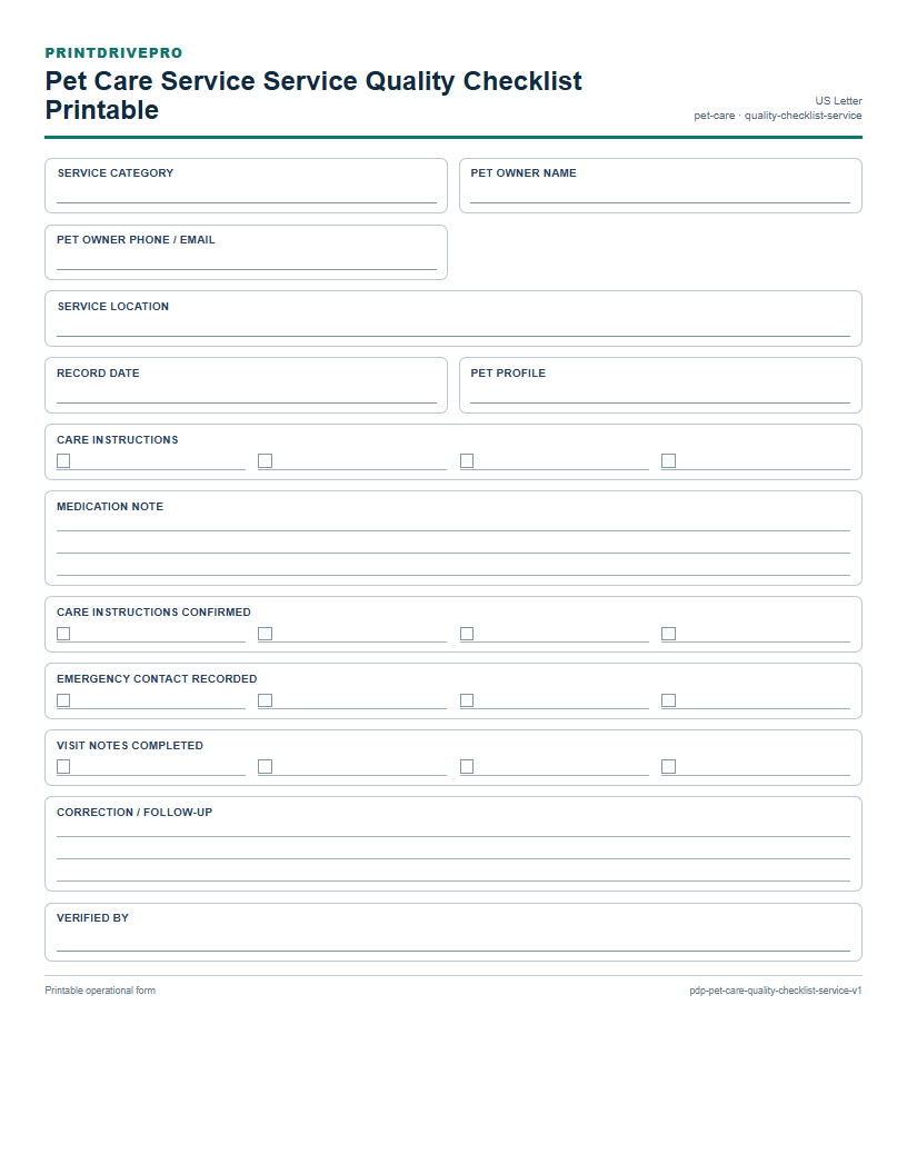 Pet Care Service Service Quality Checklist Printable preview