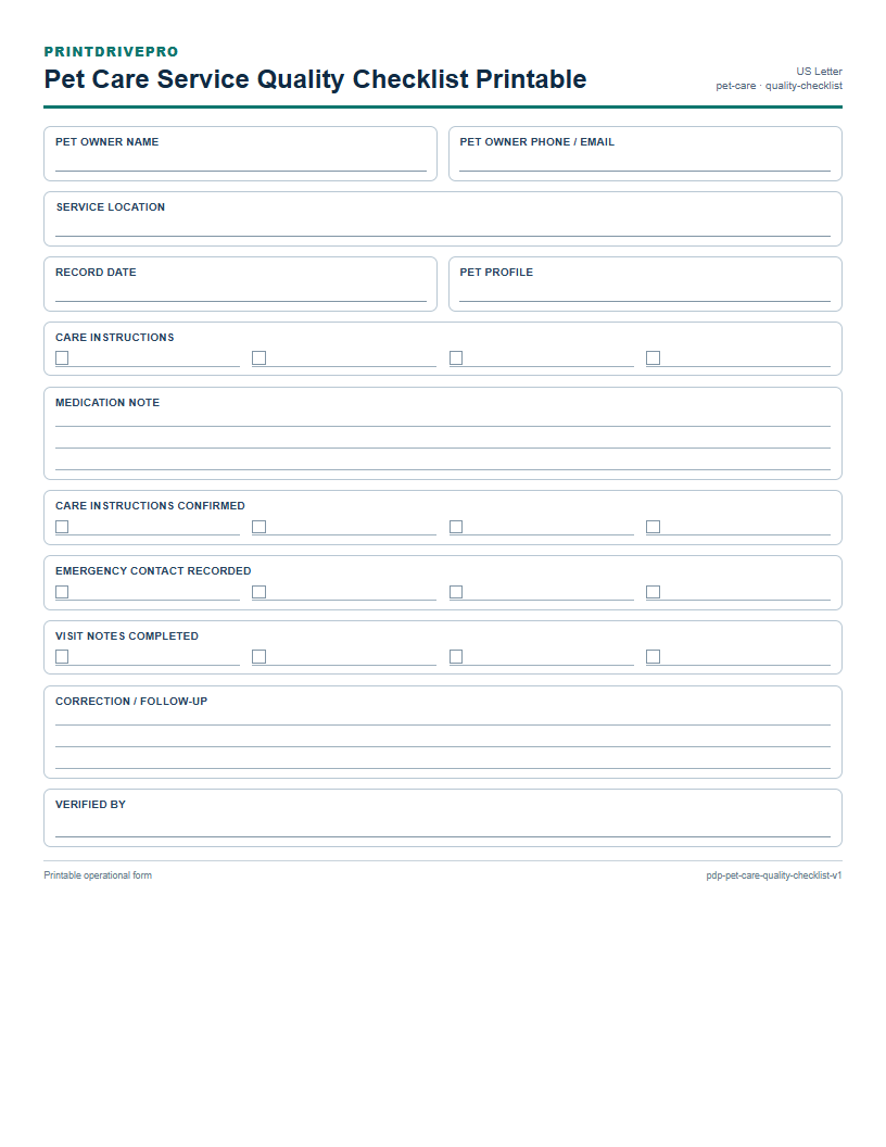 Pet Care Service Quality Checklist Printable preview