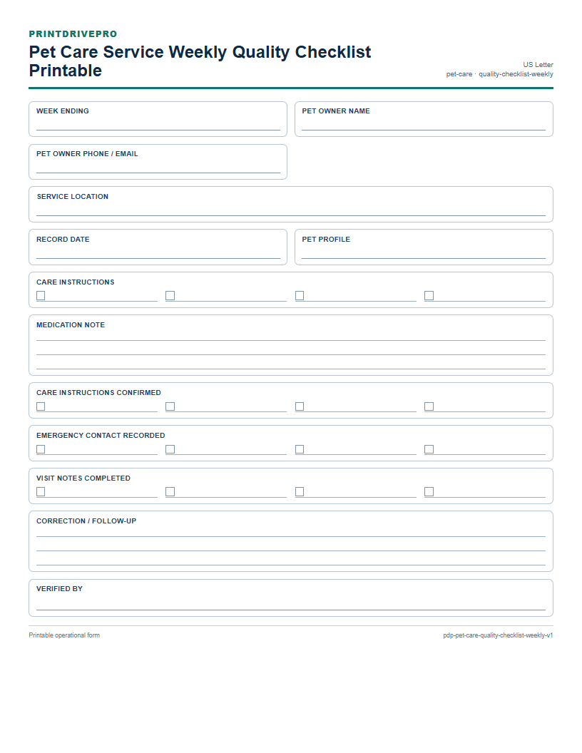 Pet Care Service Weekly Quality Checklist Printable preview