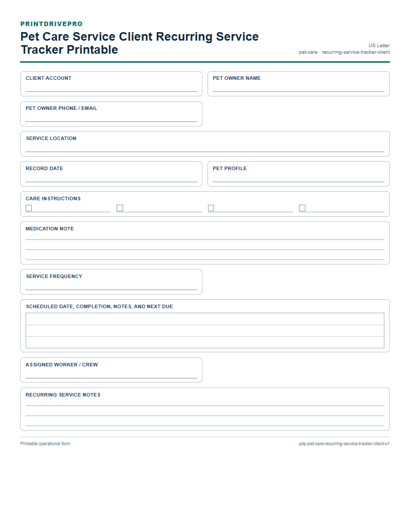 Pet Care Service Client Recurring Service Tracker Printable preview