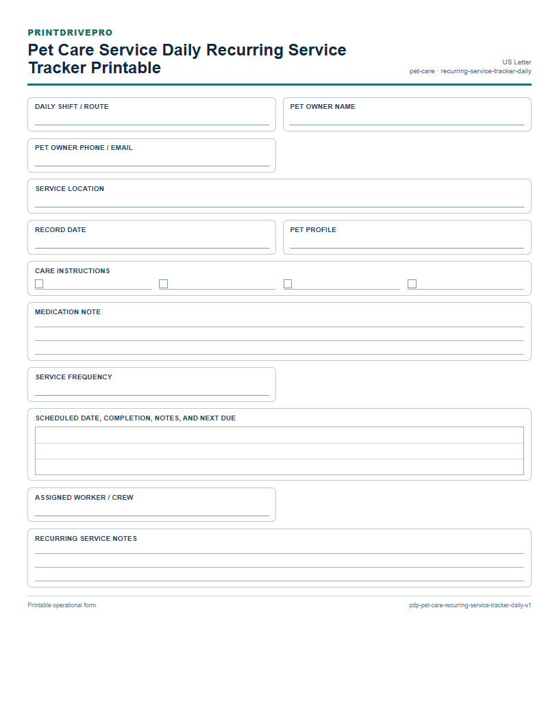 Pet Care Service Daily Recurring Service Tracker Printable preview