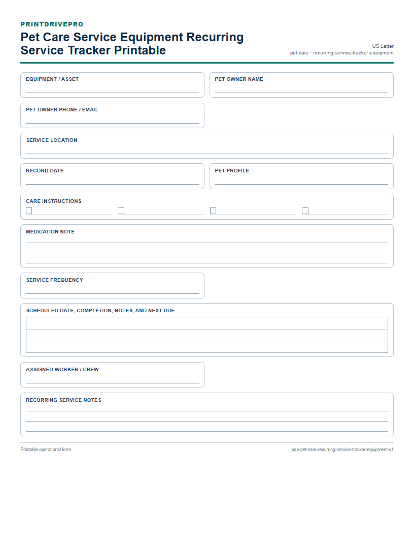 Pet Care Service Equipment Recurring Service Tracker Printable preview
