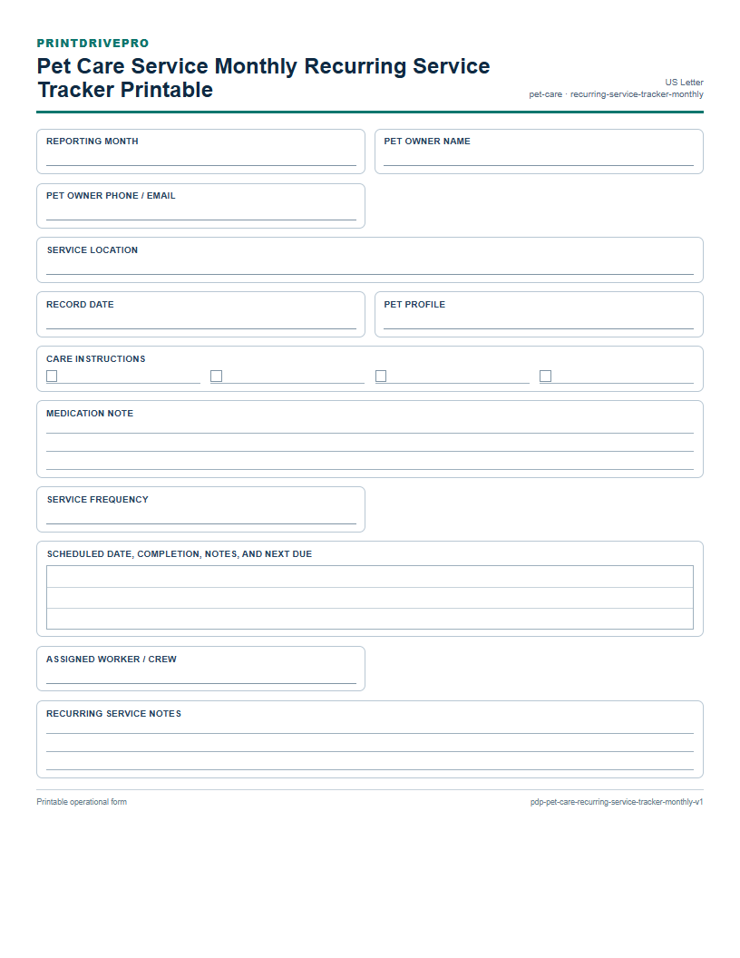 Pet Care Service Monthly Recurring Service Tracker Printable preview
