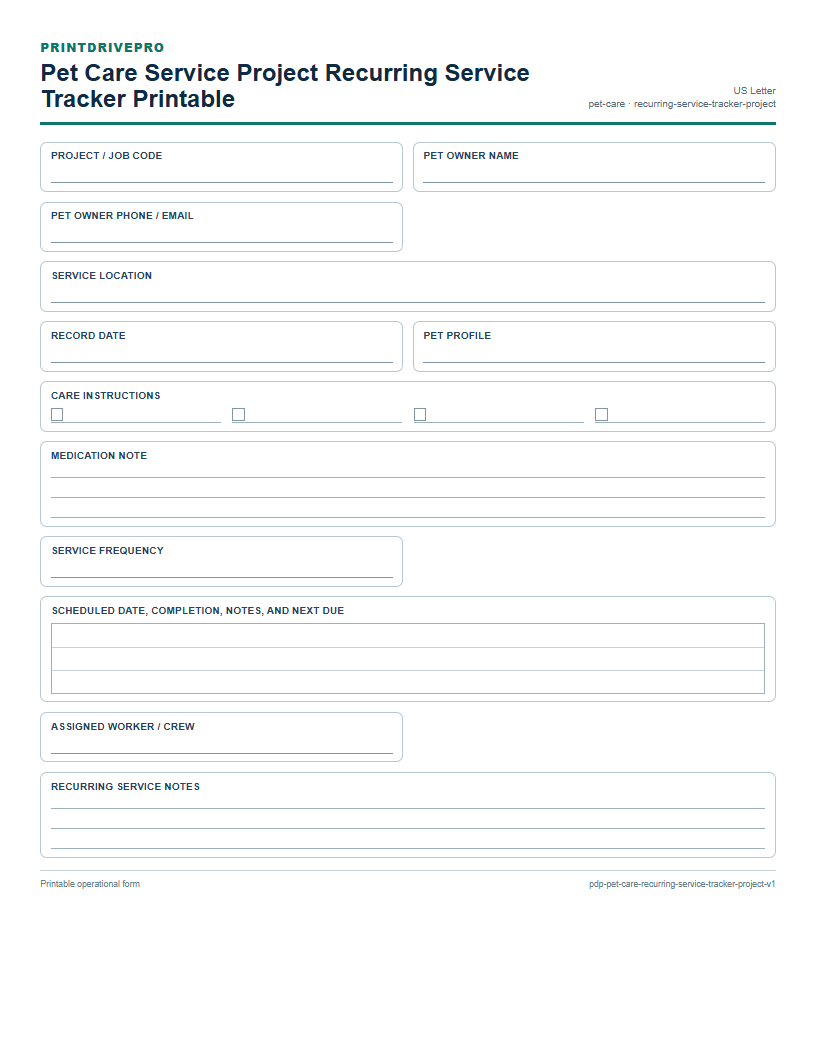 Pet Care Service Project Recurring Service Tracker Printable preview