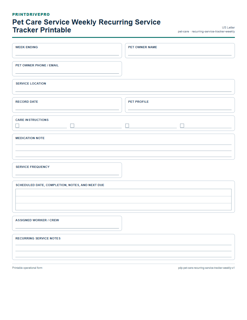 Pet Care Service Weekly Recurring Service Tracker Printable preview
