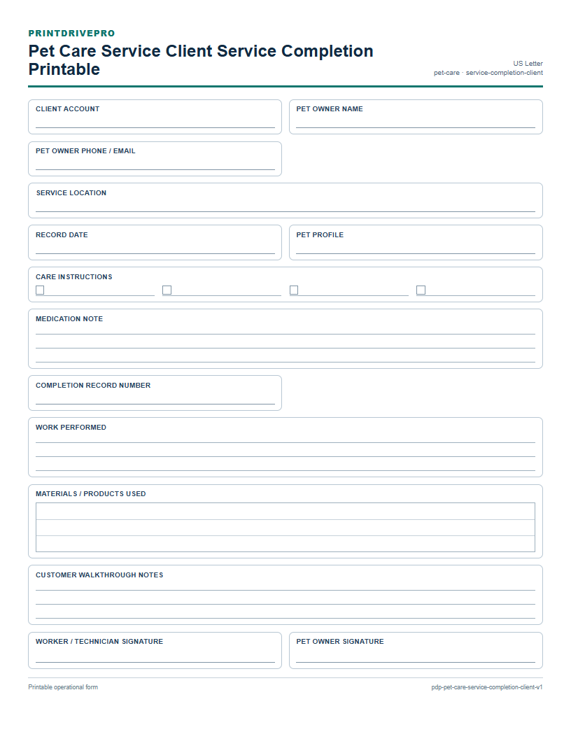 Pet Care Service Client Service Completion Printable preview
