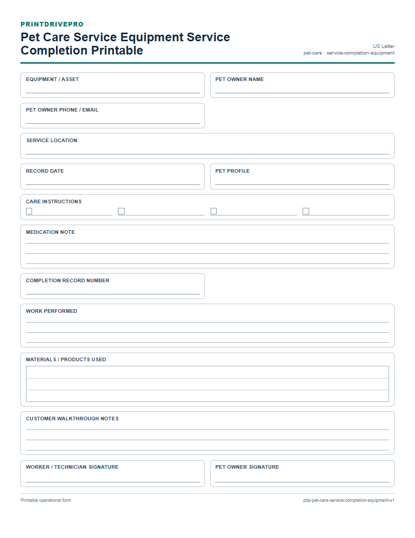 Pet Care Service Equipment Service Completion Printable preview