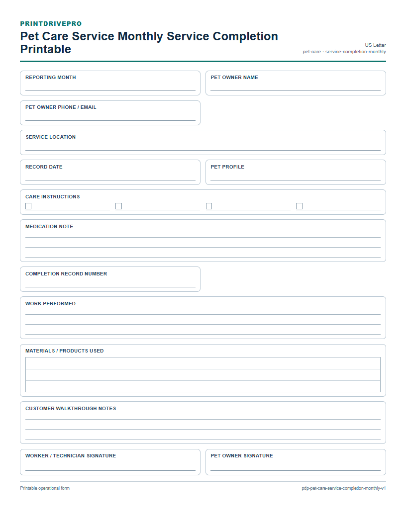Pet Care Service Monthly Service Completion Printable preview