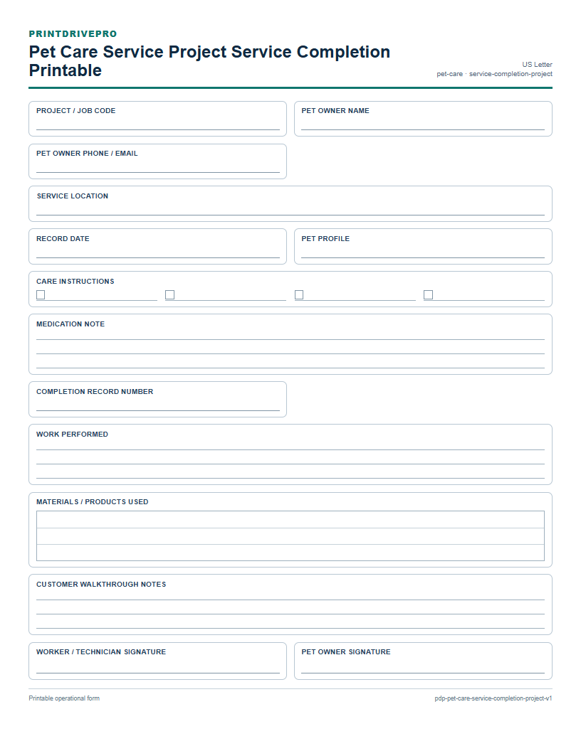 Pet Care Service Project Service Completion Printable preview