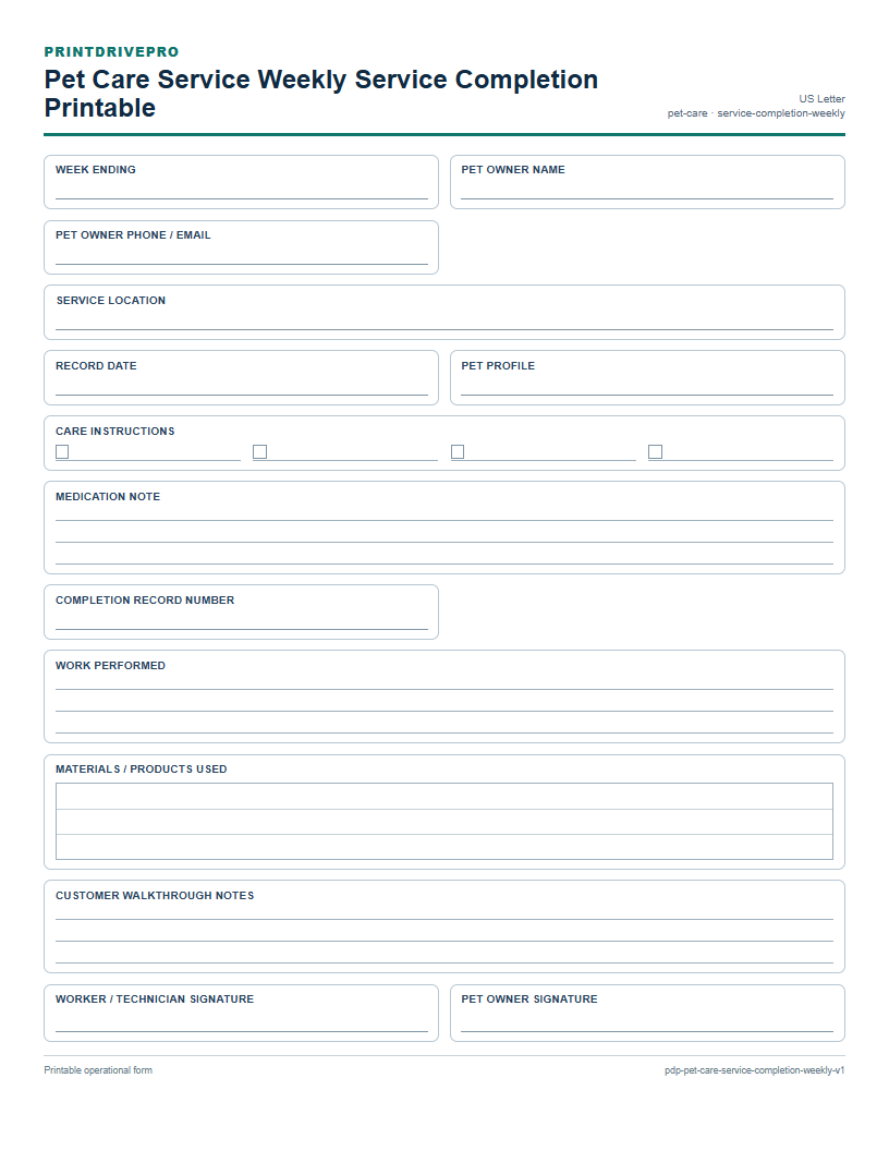 Pet Care Service Weekly Service Completion Printable preview