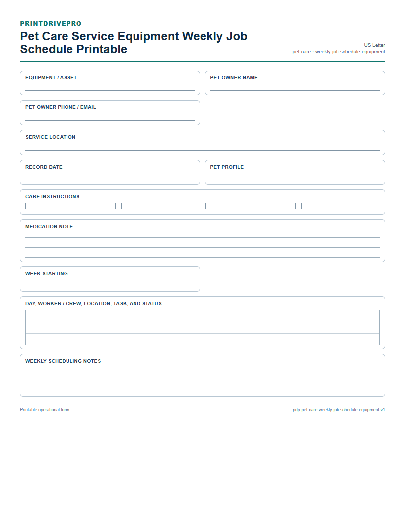 Pet Care Service Equipment Weekly Job Schedule Printable preview