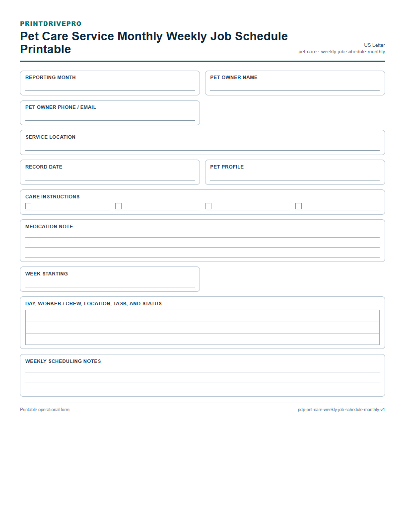 Pet Care Service Monthly Weekly Job Schedule Printable preview