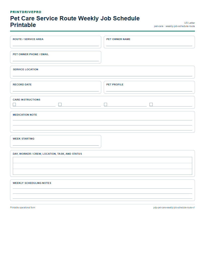 Pet Care Service Route Weekly Job Schedule Printable preview