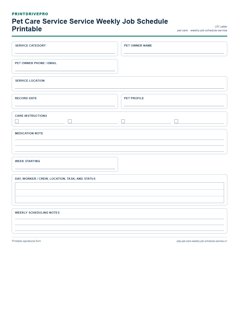 Pet Care Service Service Weekly Job Schedule Printable preview