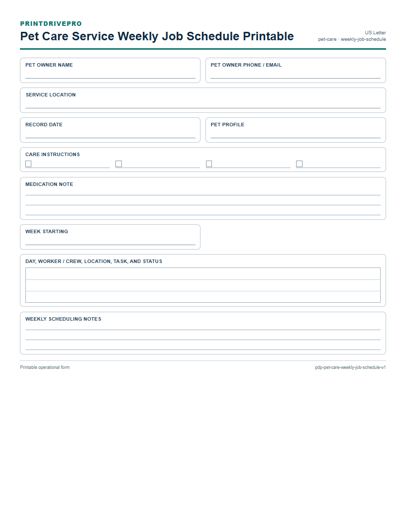 Pet Care Service Weekly Job Schedule Printable preview
