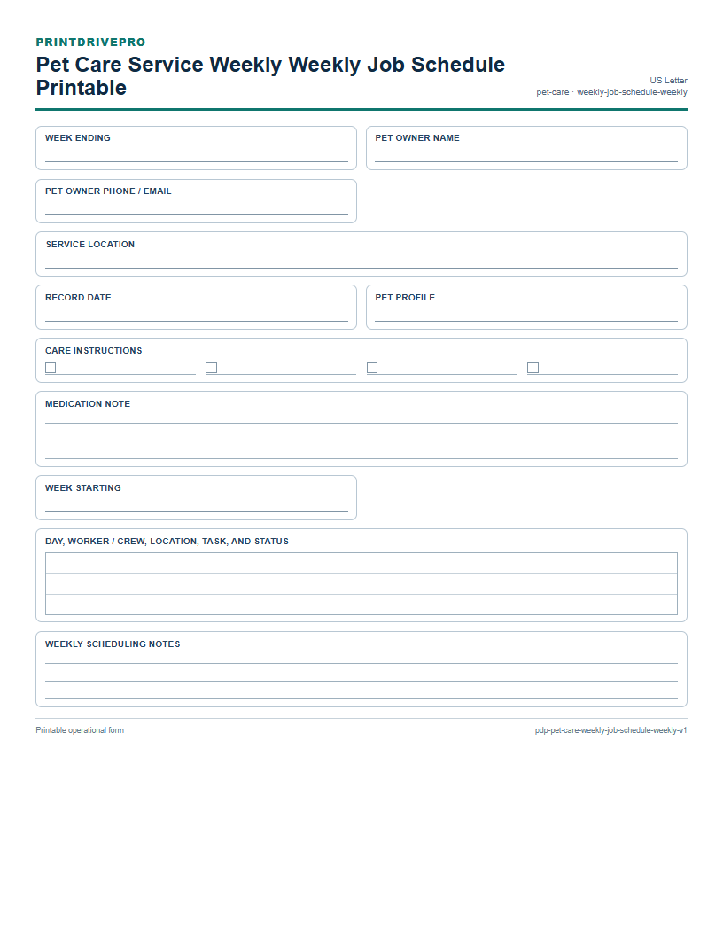 Pet Care Service Weekly Weekly Job Schedule Printable preview