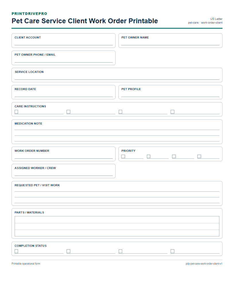 Pet Care Service Client Work Order Printable preview