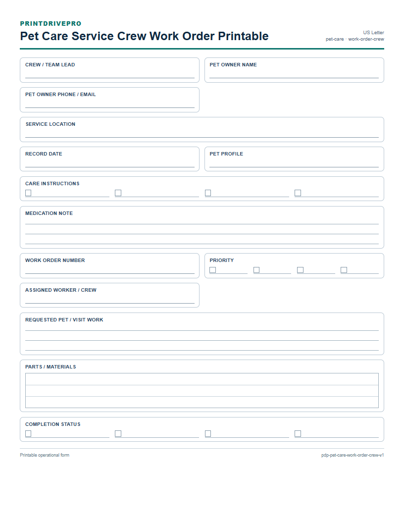 Pet Care Service Crew Work Order Printable preview