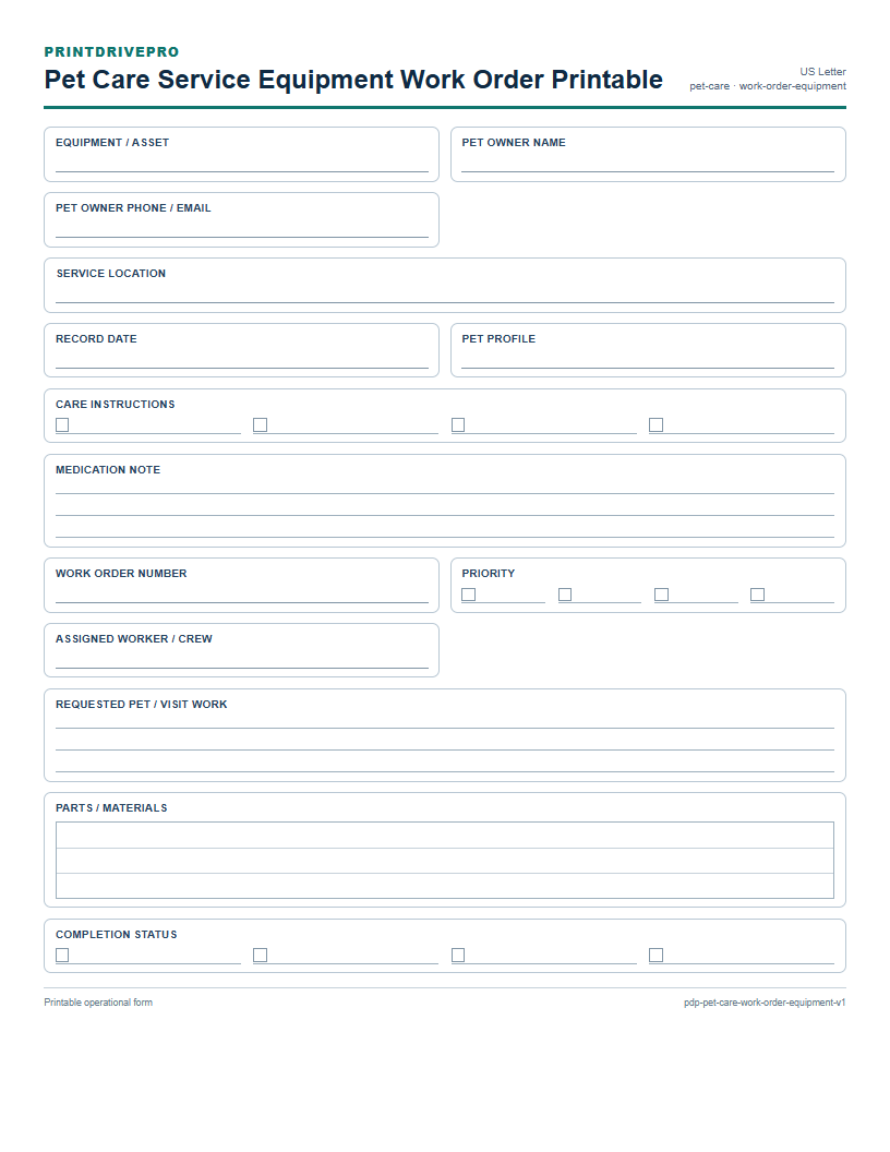 Pet Care Service Equipment Work Order Printable preview