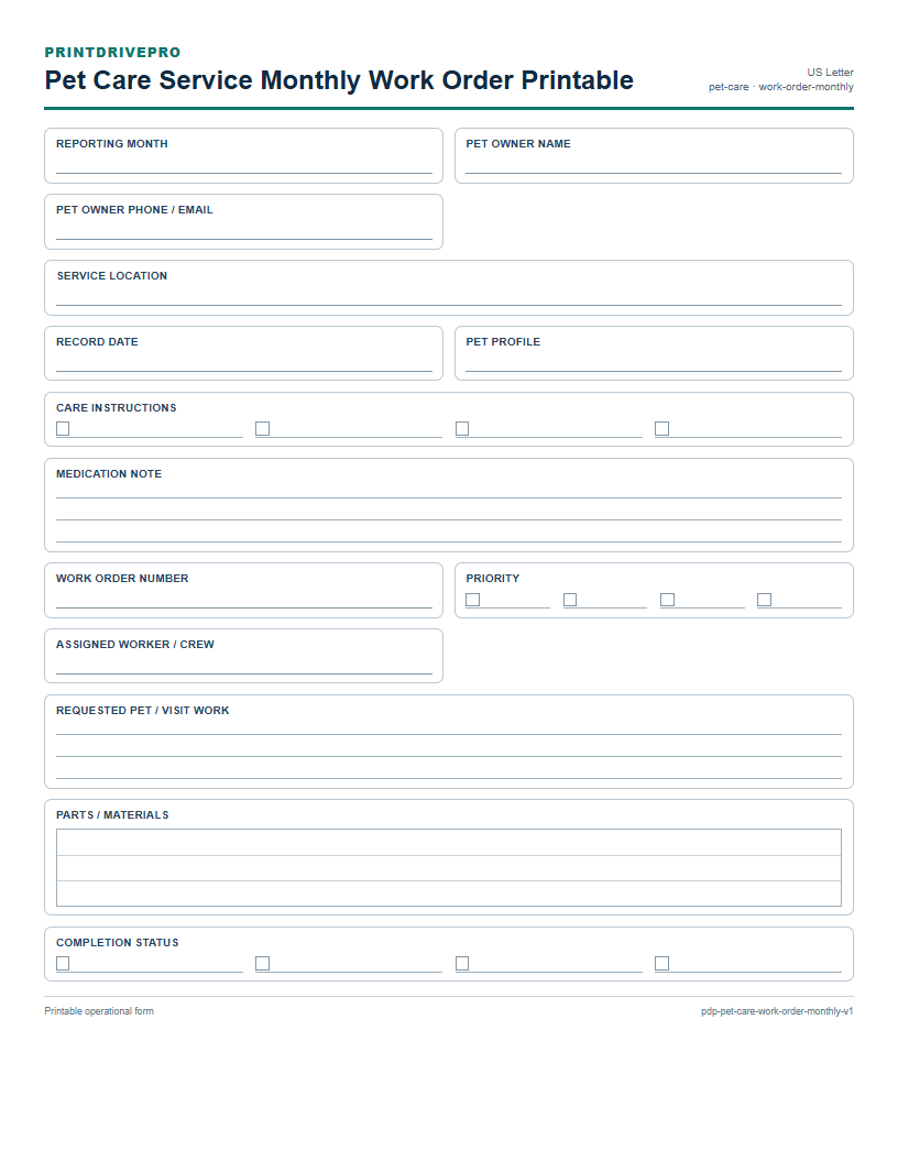 Pet Care Service Monthly Work Order Printable preview