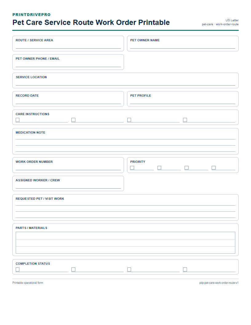 Pet Care Service Route Work Order Printable preview