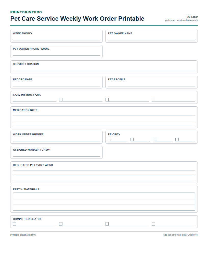 Pet Care Service Weekly Work Order Printable preview