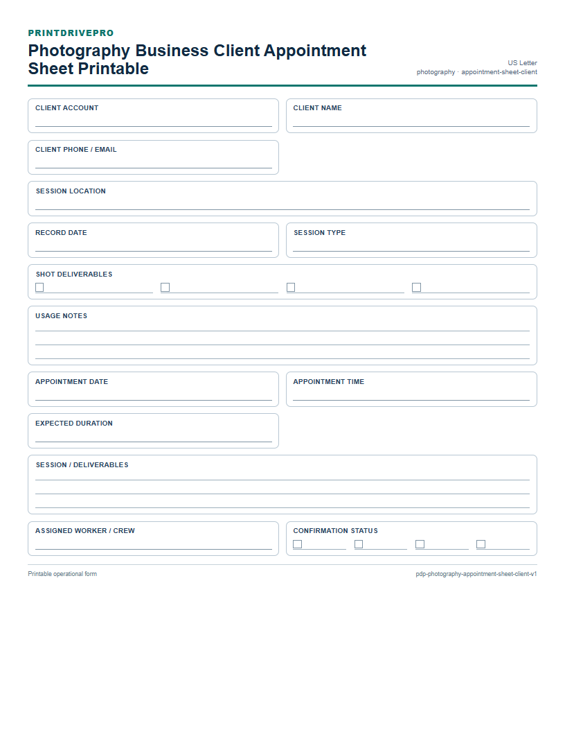 Photography Business Client Appointment Sheet Printable preview