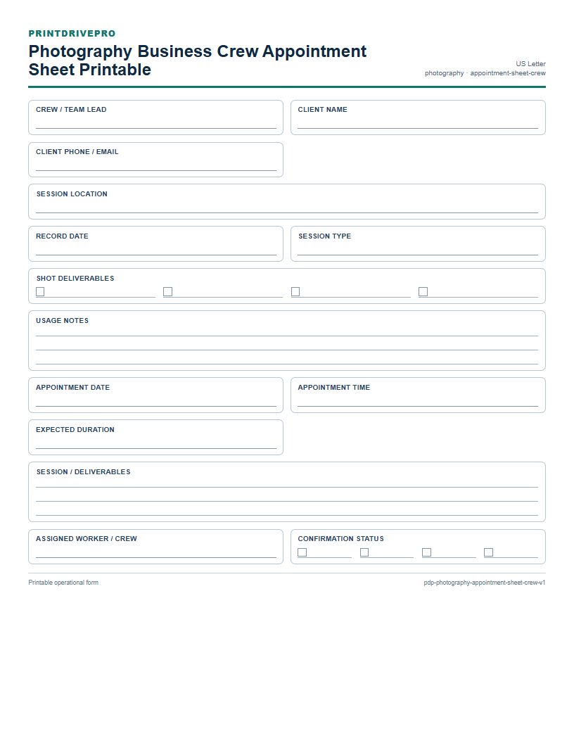 Photography Business Crew Appointment Sheet Printable preview