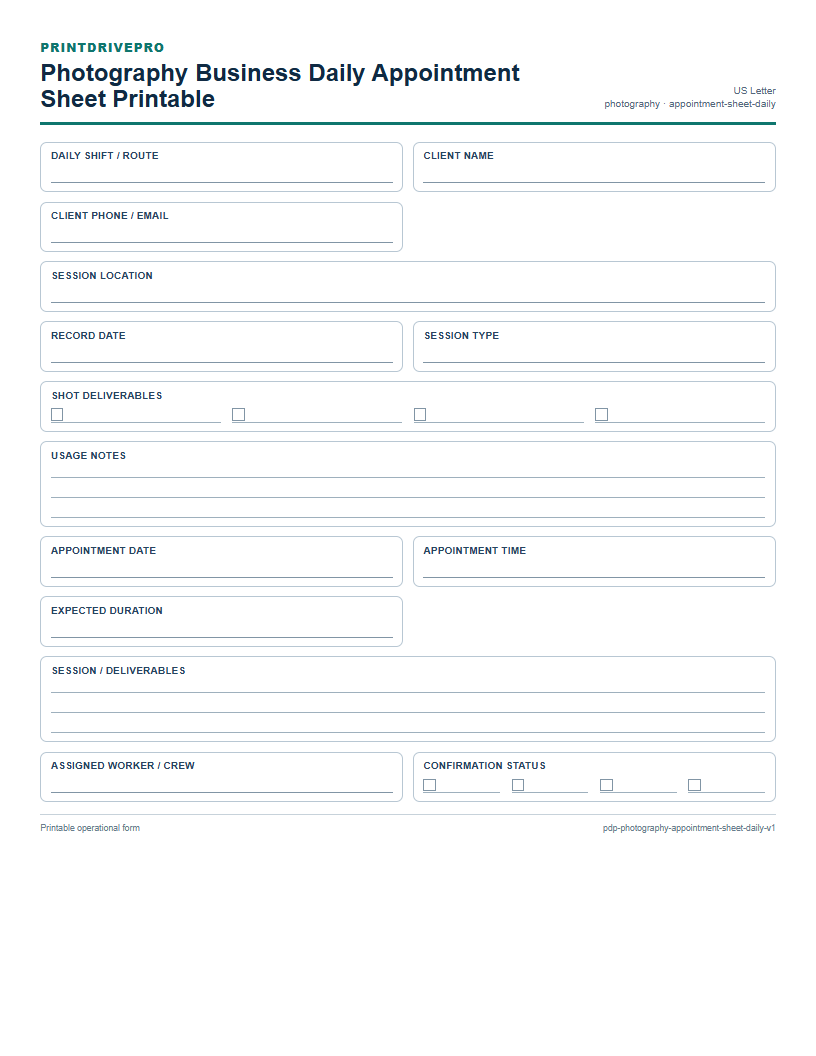 Photography Business Daily Appointment Sheet Printable preview