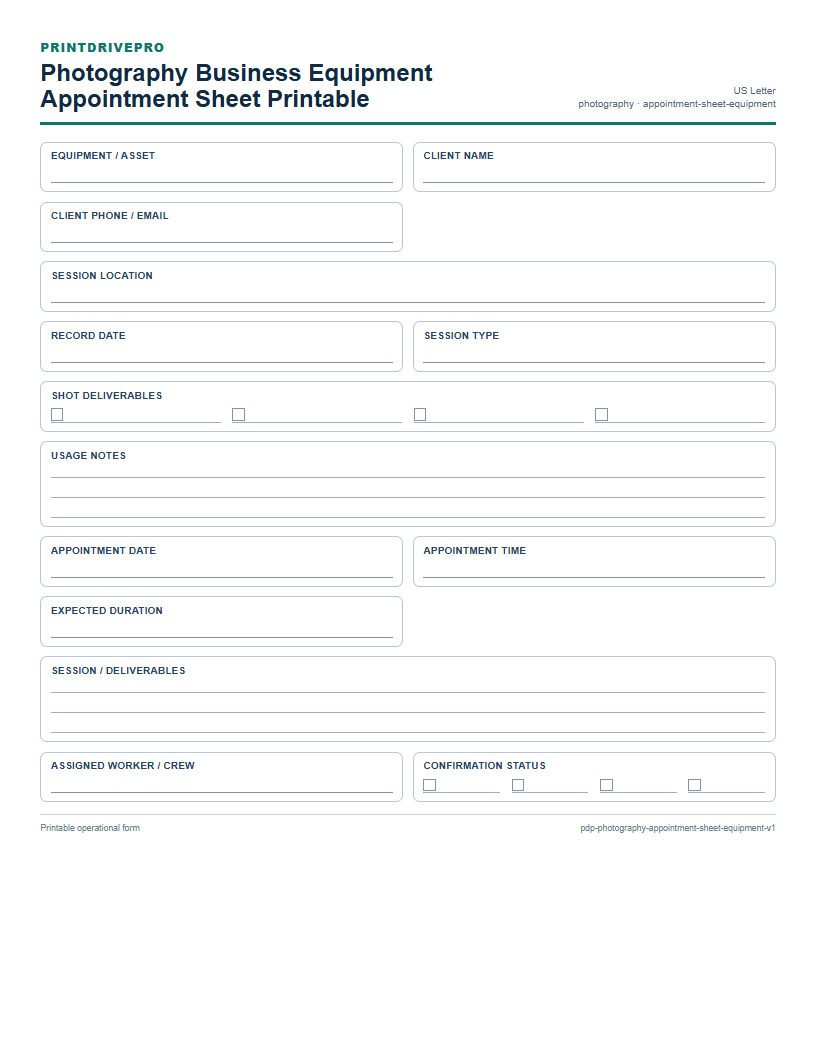 Photography Business Equipment Appointment Sheet Printable preview